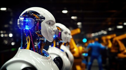 Naklejka premium Advanced robots with glowing circuits work in an industrial setting, showcasing future technology and automation.