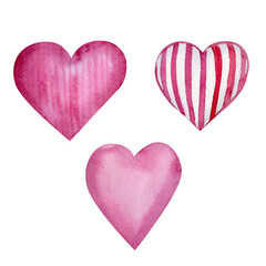 Set of hearts of different designs - solid, textured, and red-and-white striped. The watercolor technique emphasizes softness and a romantic vibe. Perfect for Valentine Day, cards, and love designs.