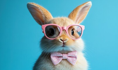 A cute rabbit wearing pink glasses and a bow tie against a blue background.