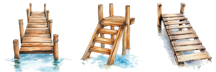 A set of watercolor wooden pier illustration on calm water, rustic dock design for coastal or nautical themes.