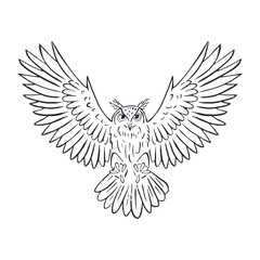Hand drawn black and white line art eagle-owl flying isolated on white background. Monochrome nocturnal bird vector illustration.