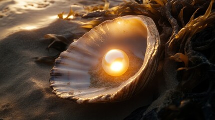 Golden pearl sunset beach seashell kelp
