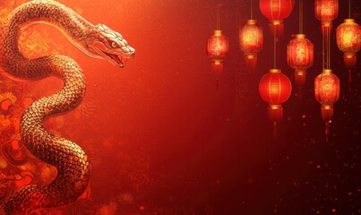 Fototapeta premium Golden snake Chinese New Year lanterns background design