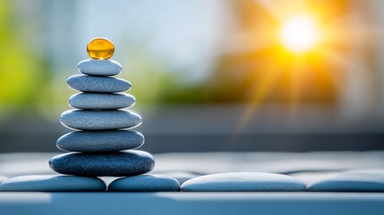 Obraz premium Close-up Photo: Serene Stacked Stones at Sunset, Achieving Perfect Balance Outdoors. AI Generated