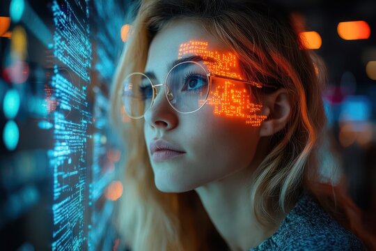 female software developer working with holographic interface displaying ai code and cybersecurity data in modern tech environment