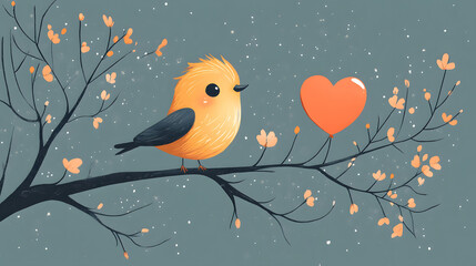 Cartoon bird holding a large heart-shaped balloon. Valentine's Day