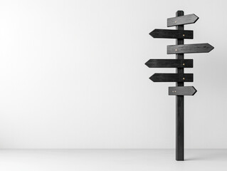 Empty signposts on a vertical black pole stand out against a pristine white backdrop, creating a perfect canvas for adding text or further details.