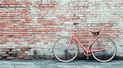 A pink bicycle leaning against a rustic brick wall, evoking a sense of leisure and style.