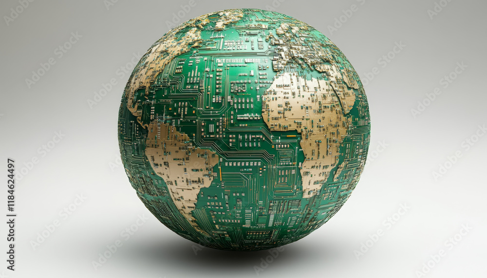 Poster globe made of circuit patterns, symbolizing technology and connectivity
