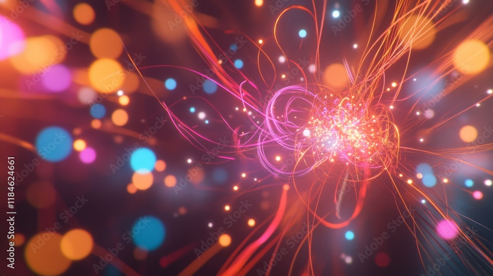 Leinwandbilder This vibrant digital rendering showcases particle tracks radiating from a collision point, with glowing neon trails symbolizing the profound discovery of the Higgs boson