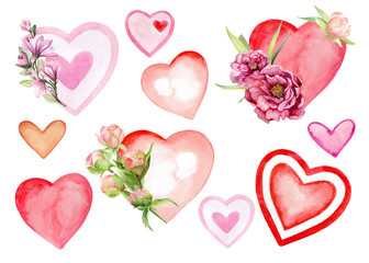 Set of pink hearts with flowers. Romantic symbol. Hand drawn Valentine's day. Pink elements of love for design of cards, greetings, invitations, stickers.
