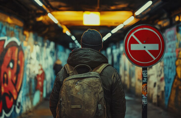 Fototapeta premium A person wearing a backpack walks through a dimly lit tunnel decorated with colorful graffiti. A no entry sign is prominently displayed near the individual, enhancing the urban vibe.