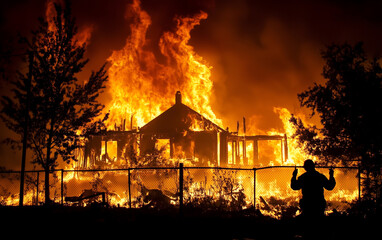 Silhouette of firefighter facing intense flames consuming a house.