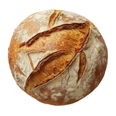 A round loaf of sourdough bread with a golden brown crust and cracked surface.