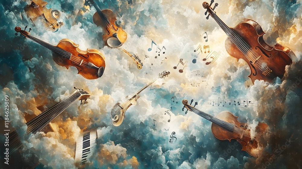 Poster celestial symphony violins float amongst clouds and notes