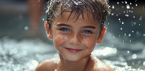 Obraz premium A smiling boy with bright blue eyes plays in a pool, surrounded by droplets of water in a warm sunlit setting. His joy reflects the carefree spirit of summer.