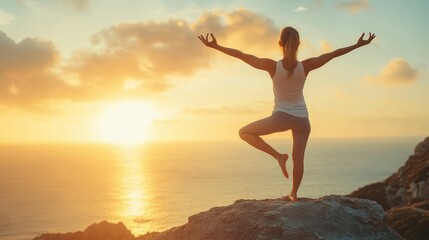 Fototapeta premium Woman meditates, ocean sunset backdrop.