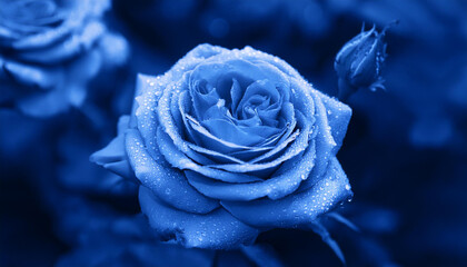 rose flower after rain toned in ultra-modern pantone traditional blue colour of the 12 months 2020 primary colour trend 2020 classic blue pantone