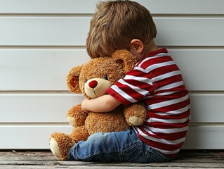 Young Caucasian boy hugging a teddy bear, sitting against a wooden wall.