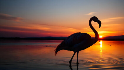 Romantic flamingos at sunset reflecting on tranquil water