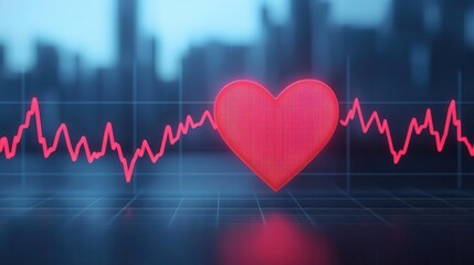 A glowing financial graph shaped like a heart rising over a cityscape, Valentines finance, market growth, romantic vision