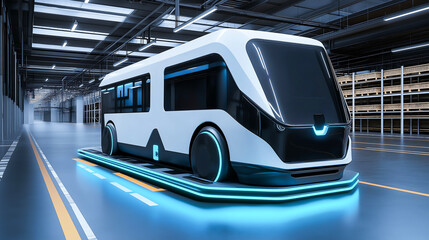 A modern electric truck freight autonomous delivery vehicles to reduce CO2 output at modern distribution warehouse