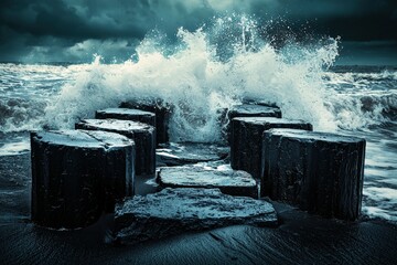 Powerful waves crash against wooden posts on a dark, stormy beach.