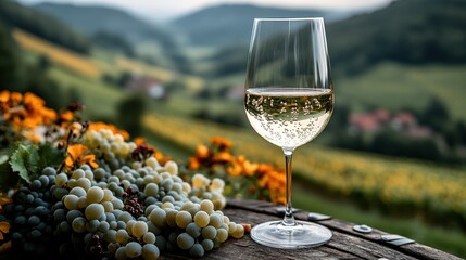 A glass of white wine sits beside fresh grapes, with a picturesque vineyard backdrop.