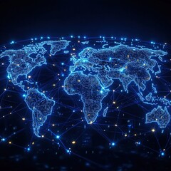 A digital representation of a global network, showcasing interconnected regions with glowing nodes.