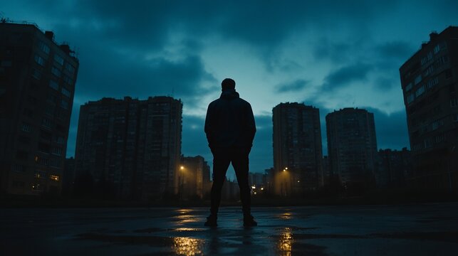 Silhouetted man standing alone in a city at night, looking towards tall buildings under a dramatic sky.