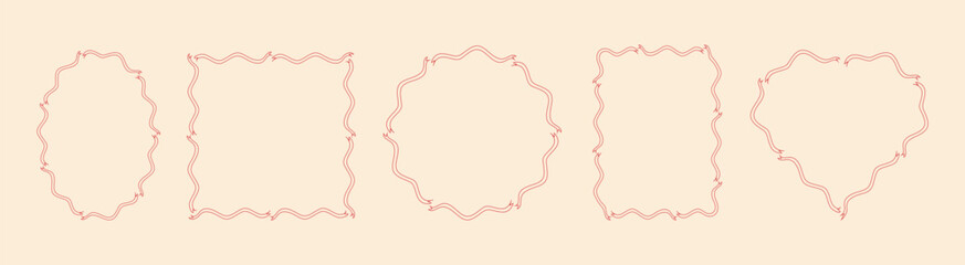 Set of vintage frames made of wavy ribbons in red tones. Elegant frames for postcards, invitations. Vector illustration.