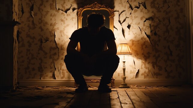 Silhouette of a man crouching in a dark, damaged room with a lamp and mirror.
