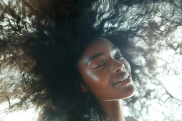 Long haircut - afro hair. Pretty happy black girl - for ads, marketing material and internet marketing use. Commercial ad idea. Fashion with glamorous african models. Chic long hair models.