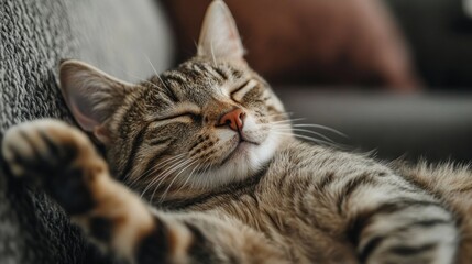Naklejka premium Sleeping Tabby Cat on a Couch