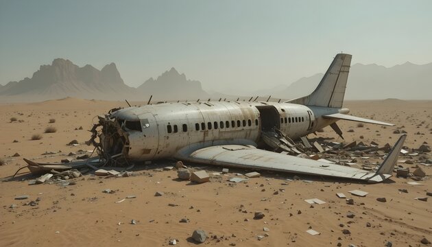 Wrecked airplane abandoned on a vast desert plain with broken wings and debris scattered, perfect for survival or post-apocalyptic visuals