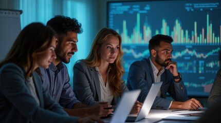 Diverse business team is intensely collaborating, analyzing financial data displayed on a laptop, with charts projected on a screen in the background