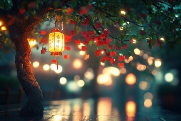 Illuminated lantern hangs on tree, wishes on leaves, night city backdrop, romantic mood