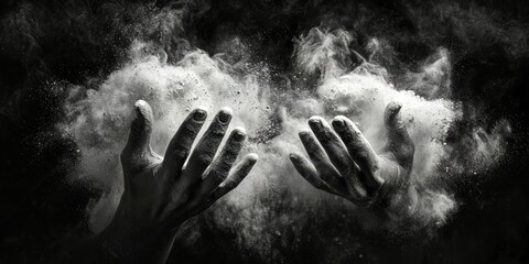 Two hands releasing a cloud of fine powder, creating a dramatic monochrome effect.