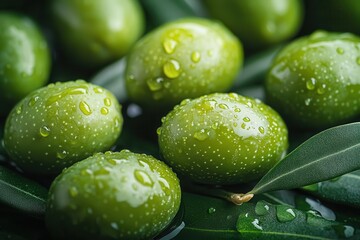 fresh organic green olives closeup background with water droplets and textured leaves in natural mediterranean sunlight