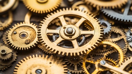 Close-up of intricate golden gears interlocked, depicting complex mechanism.