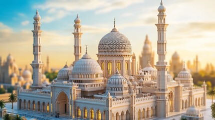 Obraz premium Majestic white mosque at sunset, detailed architecture, minarets, domes, city skyline.
