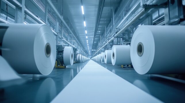 Paper Mill Production Line with Large Rolls of White Paper