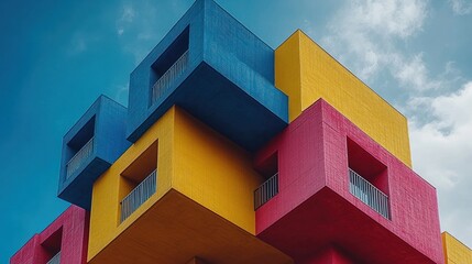 Obraz premium Colorful stacked cubic building against blue sky.