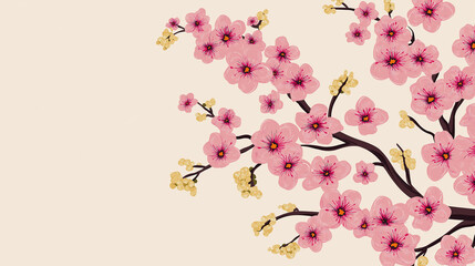 Fototapeta premium Line art or flat image, vibrant color style beautiful Chinese-style illustration of cherry blossom,sakura ,mei hua or plum blossom branches ,pink and red,East Asian culture . 