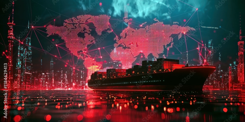 Poster a cargo ship illuminated in red, navigating through a digital network over a world map backdrop.