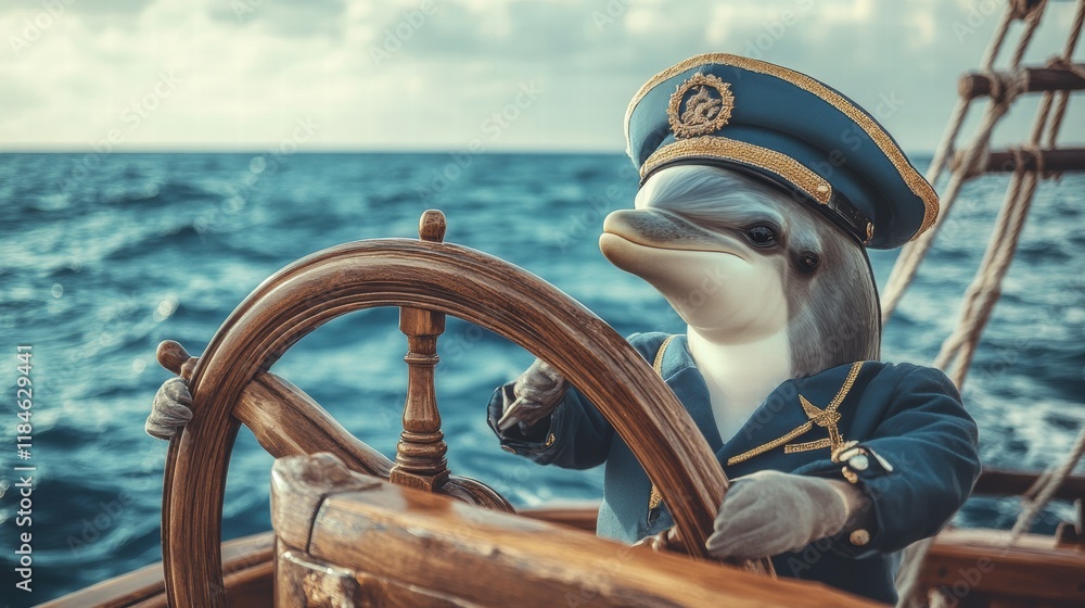 Poster dolphin dressed as a ship captain steering a boat across the ocean waves under a bright sky. generat
