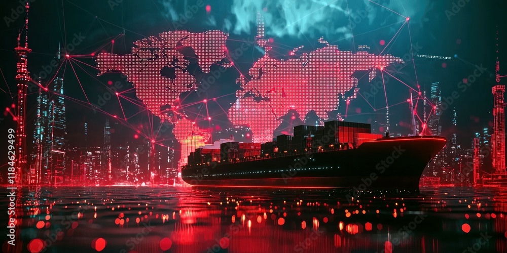 Poster futuristic cargo ship navigating through a digital world map with glowing connections.