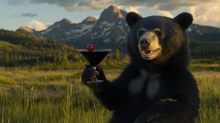 Obraz premium A black bear enjoys a martini in a scenic mountain meadow at sunset.