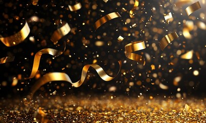 A festive scene with golden ribbons and confetti falling against a dark background.