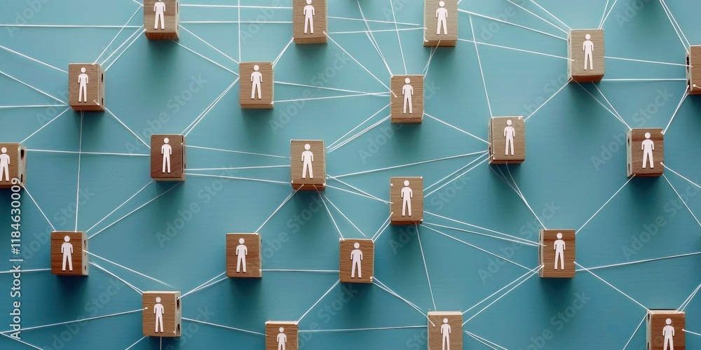 Aufkleber conceptual illustration of networking with interconnected figures on a blue background.